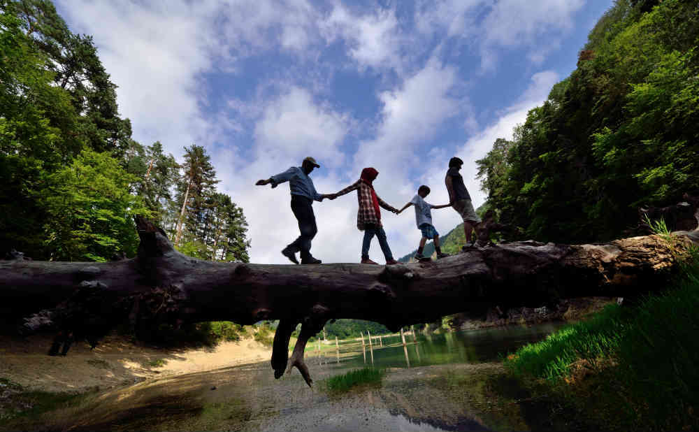 10 Ways to Get Your Tech Obsessed Kids Outside 1 family walking on fallen tree in balance