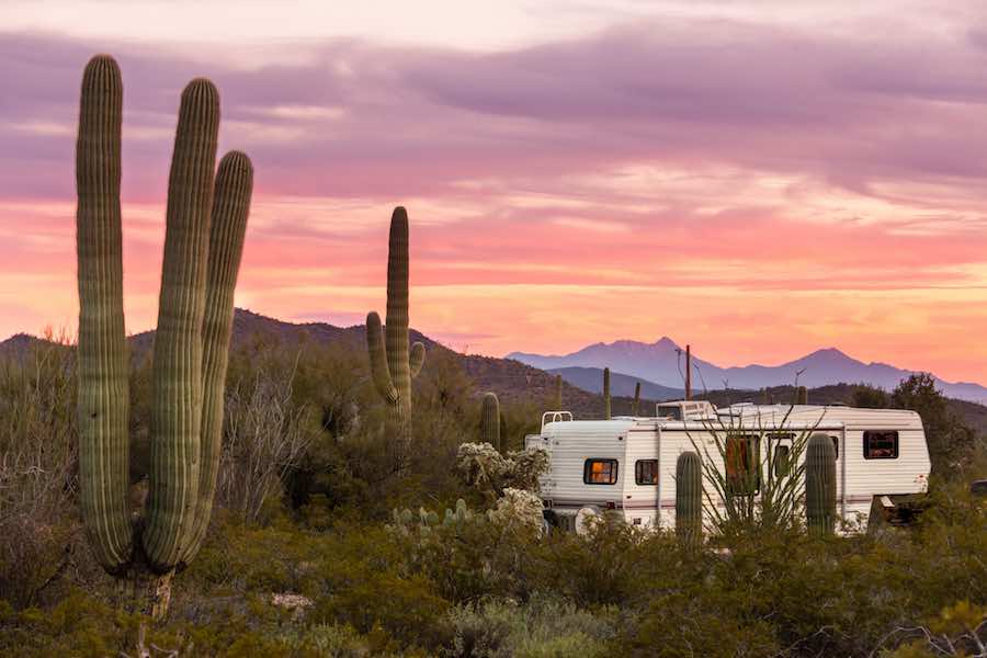 RV near cactuses in Arizona