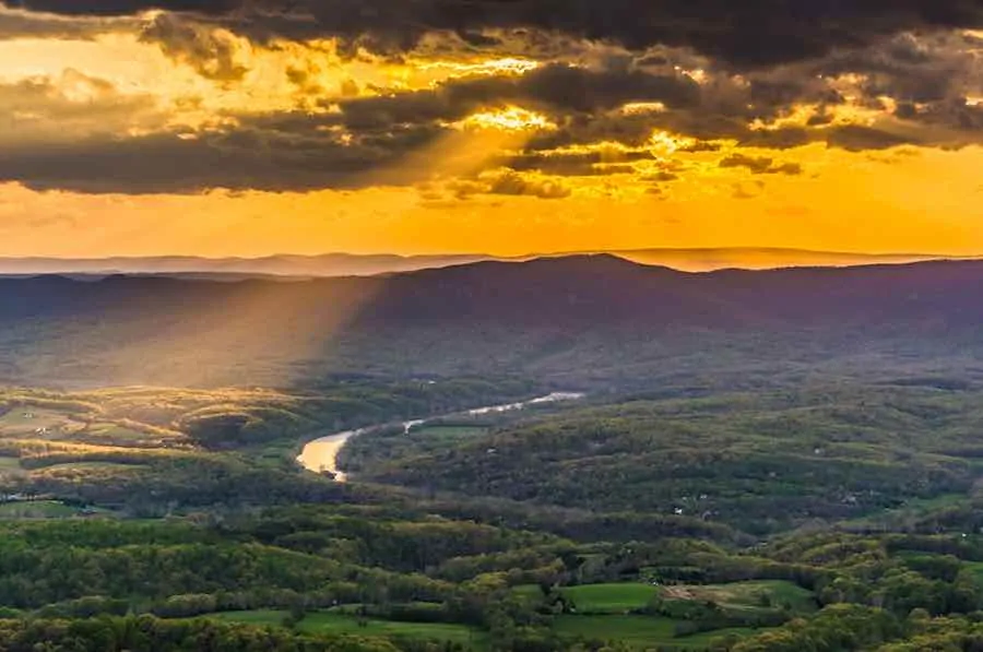 40 of the Best Places To Go Camping In Virginia 10 Aria view of the Shenandoah River Valley in Virginia.