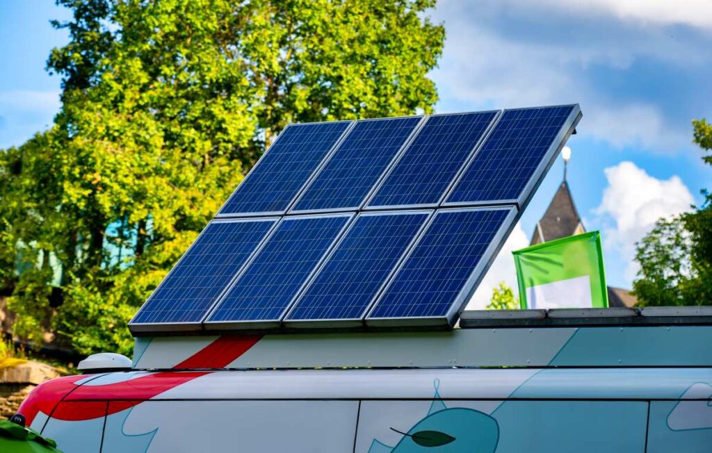 The 7 Best Solar Generators for RVs: A Review and Comparison 1 Solar panel on top of an RV. Solar panesl are a component of the best solar generators.
