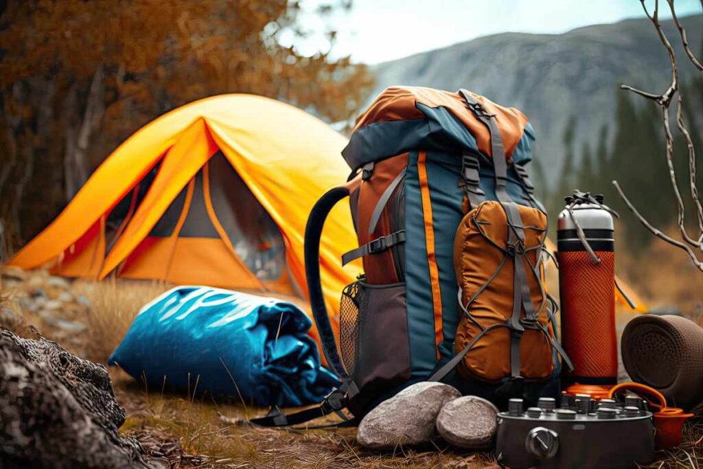 A tent campsite and camping gear.