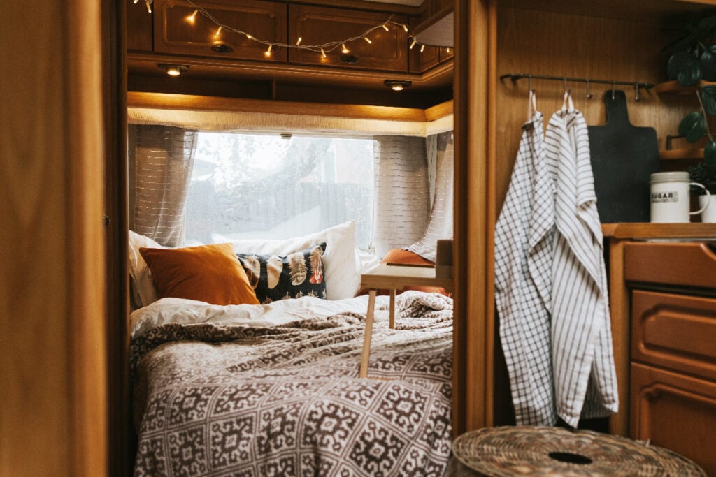 A cozy bedroom in an RV.