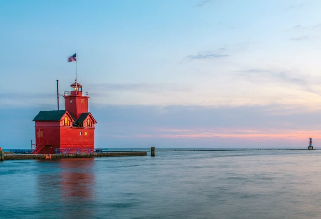View of the Big Red Lighthouse against Lake Michigan.