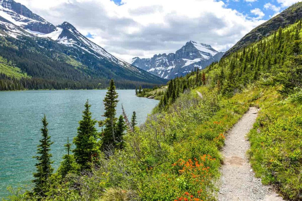 A pristine hiking trail along a river in the mountains.