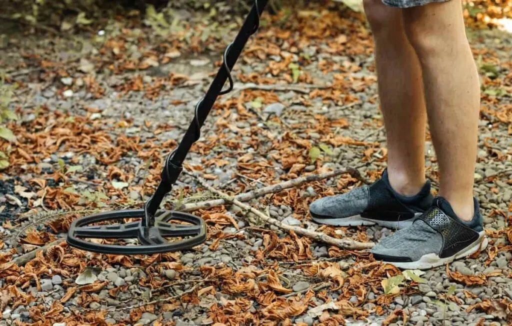 Clear Lake State Park Camping Guide 7 A man using a metal detector on rocky ground.