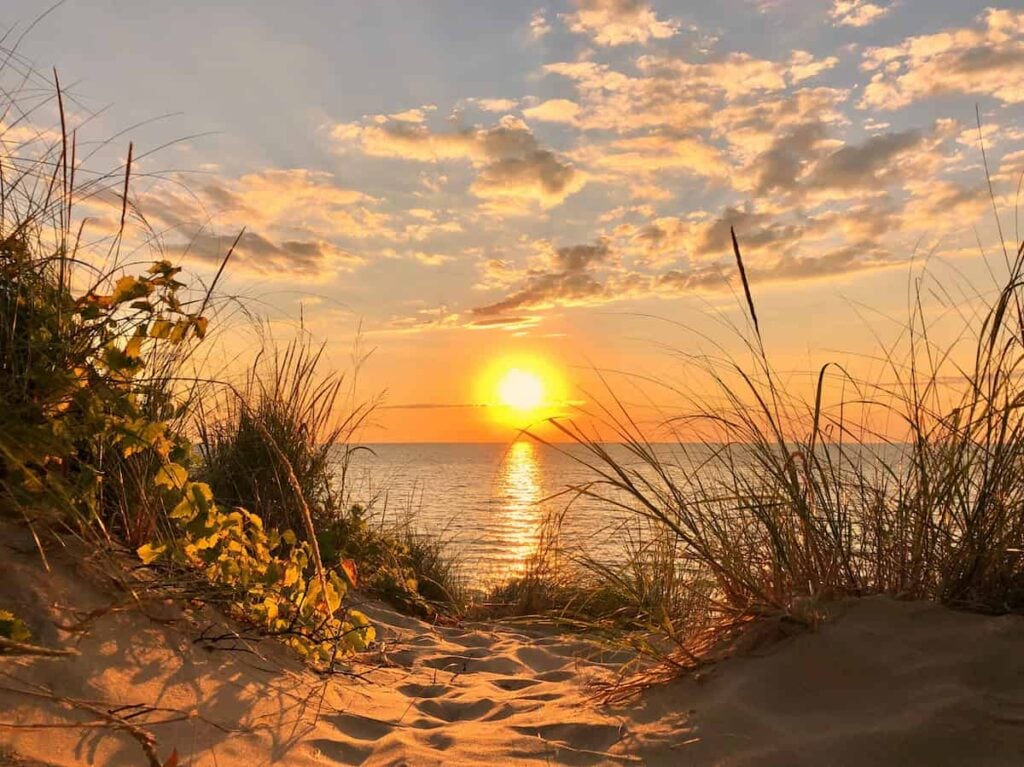 Sunset over Lake Michigan. Michigan state parks camping.