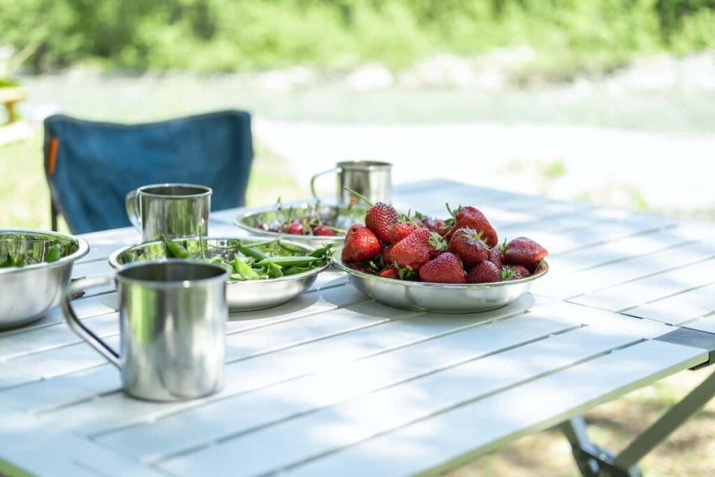 A camping table with fruit and veggie snacks.