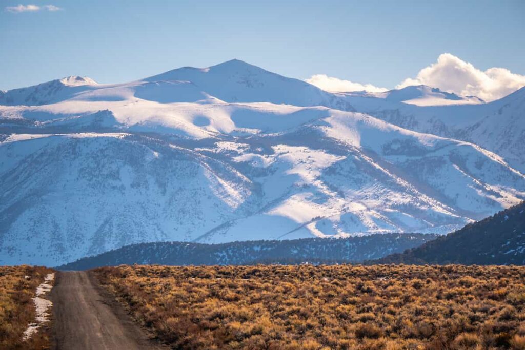 Snow on the Sierra Nevada Mountains in Inyo National Forest.