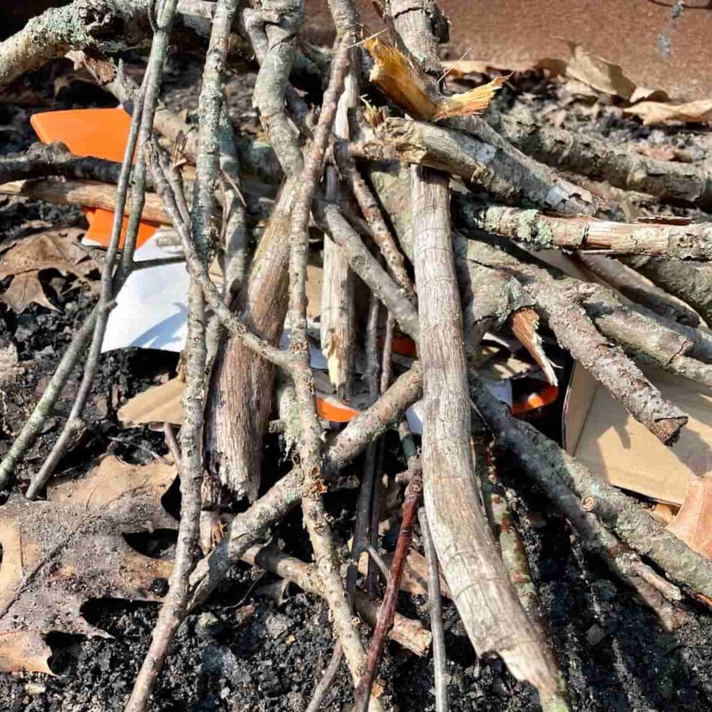 How to Start a Campfire: 7 Tips for a Successful Fire 5 Kindling sticks and starter material arranged in a teepee campfire style.