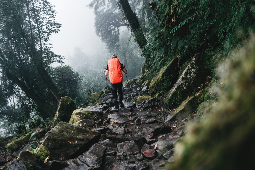 Solo hiker wearing professional backpack covered rain protect walk across foggy jungle mountain. Young tourist traveling along rocky forest trek