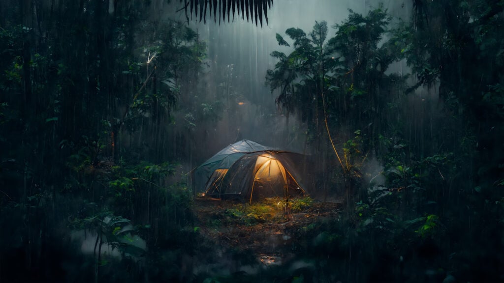 rain on the tent in the forest, tropic, quiet, calm, peaceful, meditation, camping, night, relax