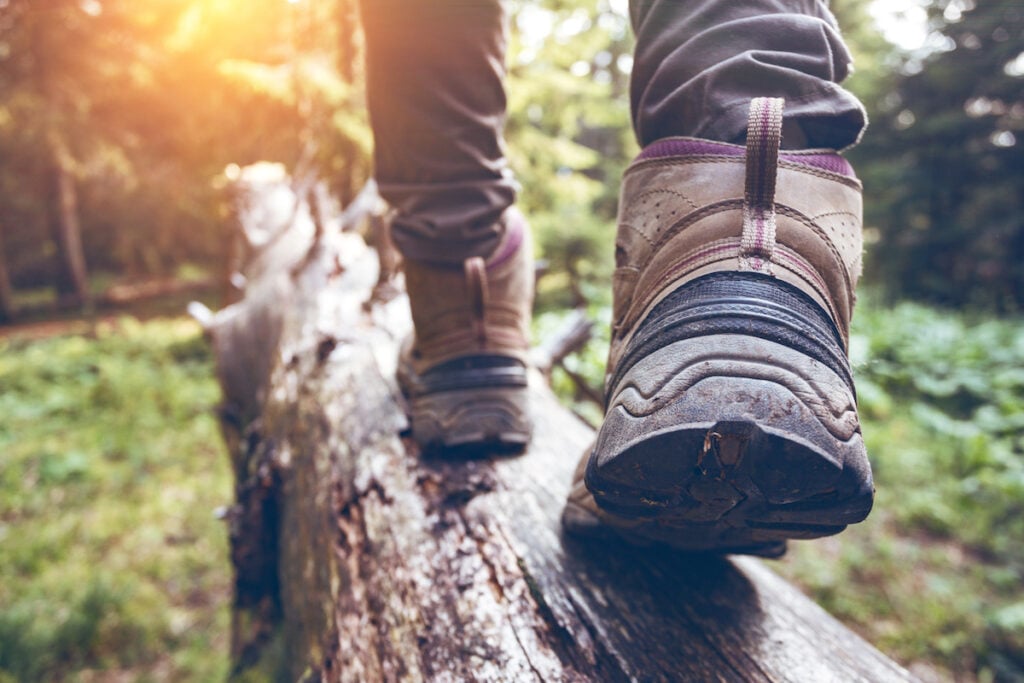 hiking boots close-up. girl tourist steps on a log