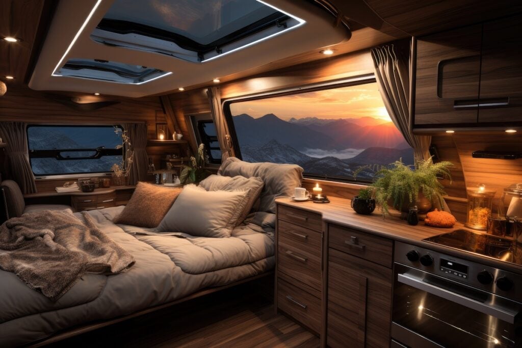 Luxury interior motor house with comfortable furniture. Generative AI.