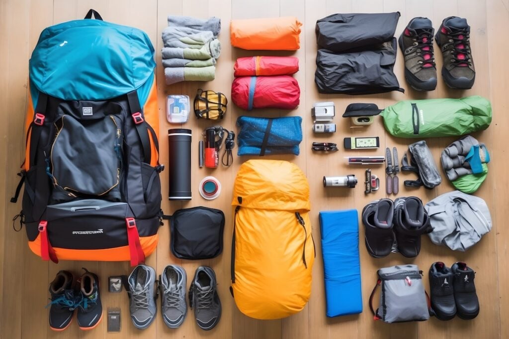 Knolling layout of backpack travel packing list for summer, colorful clothes and equipment distributed on the ground, knolling layout, birds eye perspective, wood floor, Generative AI