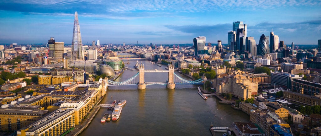 London skyline and Tower Bridge aerial panoramic cityscape, England, United Kingdom